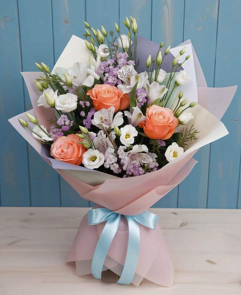 Букет цветов из: Лизиантусы, Розы, Альстромерии и Гипсофила в Сельхозтехнике