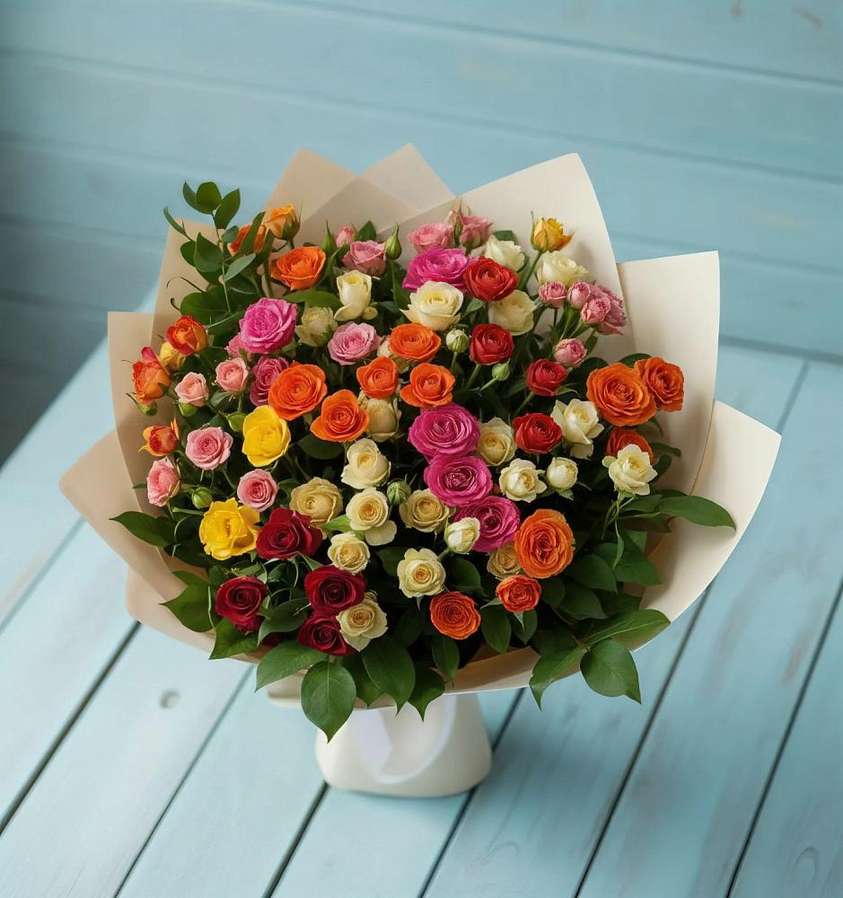 Букет Микс из разноцветных кустовых роз в Сельхозтехнике