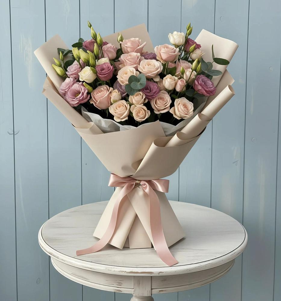 Букет цветов из: Розы и Лизиантусы в Сельхозтехнике