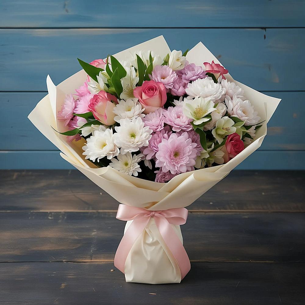 Букет цветов из: Хризантемы, Альстромерии и Розы в Сельхозтехнике